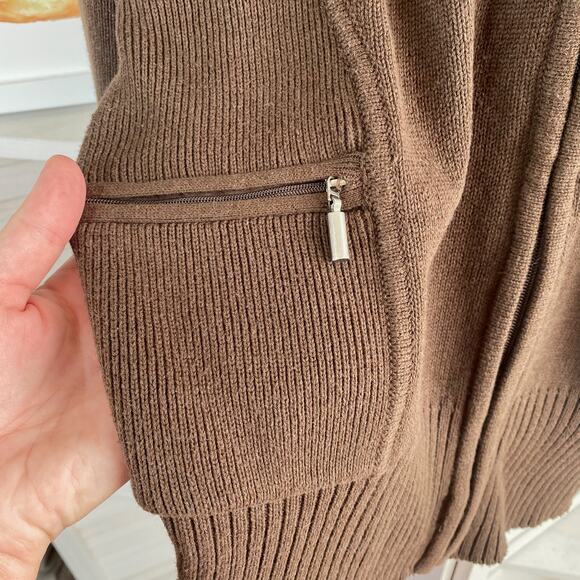 Nine & Co brown full zip sweater jacket with rabbit fur hood size large - Picture 6 of 8